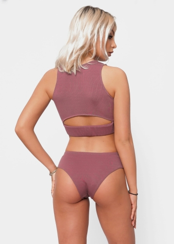 Ciemnobeżowy, prążkowany zestaw do pole dance | Strój do jogi | Sklep internetowy SeeMe Shop