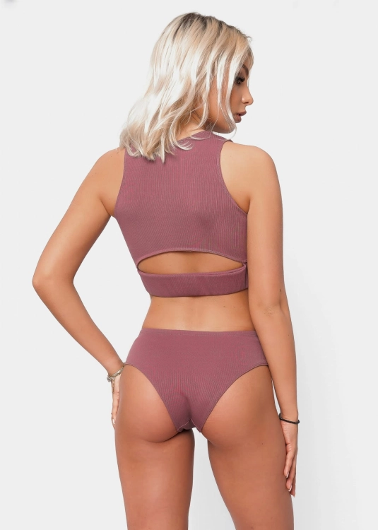 Ciemnobeżowy, prążkowany zestaw do pole dance | Strój do jogi | Sklep internetowy SeeMe Shop