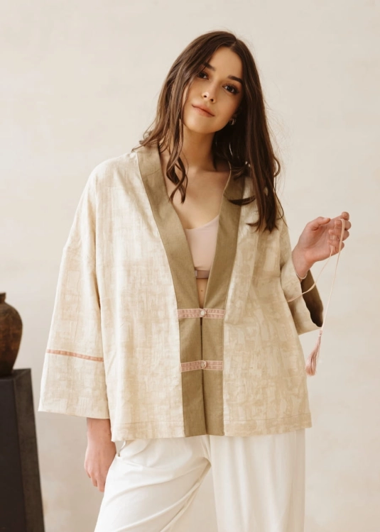 Beżowe kimono z lnu z dodatkiem bawełny | Sklep internetowy SeeMe Shop